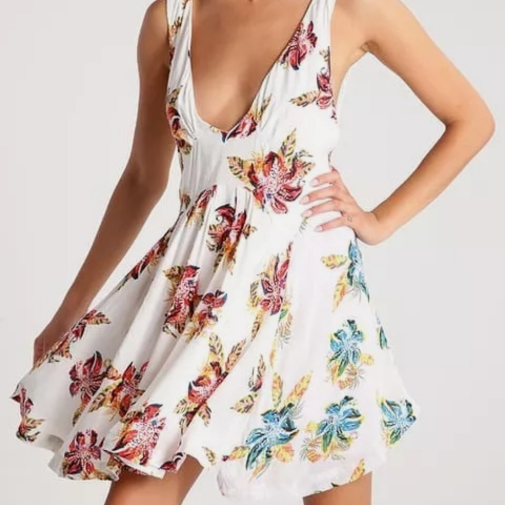Free People White Mini Dress with Red, Yellow & Blue Floral Print